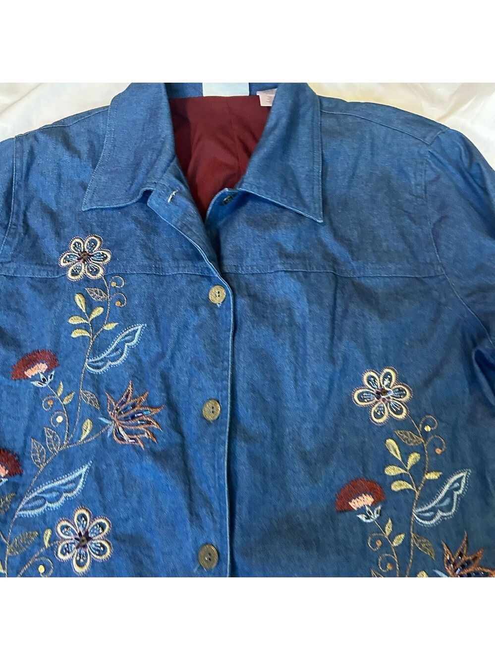 Alfred Dunner Chambray Denim Jacket 16W Blue Floral Embroidered Hippie Cottage - Picture 10 of 15